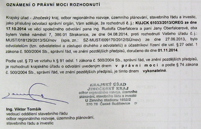 Oznámení o nabytí právní moci druhého územního rozhodnutí vydaného Krajským úřadem Jihočeského kraje 6.11.2014
