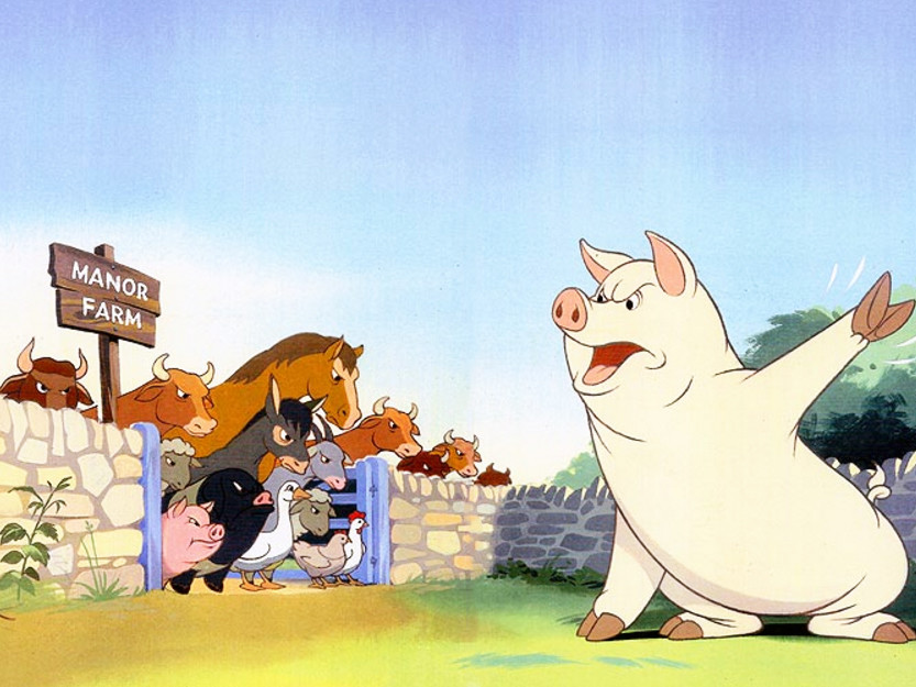 Scéna z animované verze knihy Farma Zvířat, natočeno v roce 1954