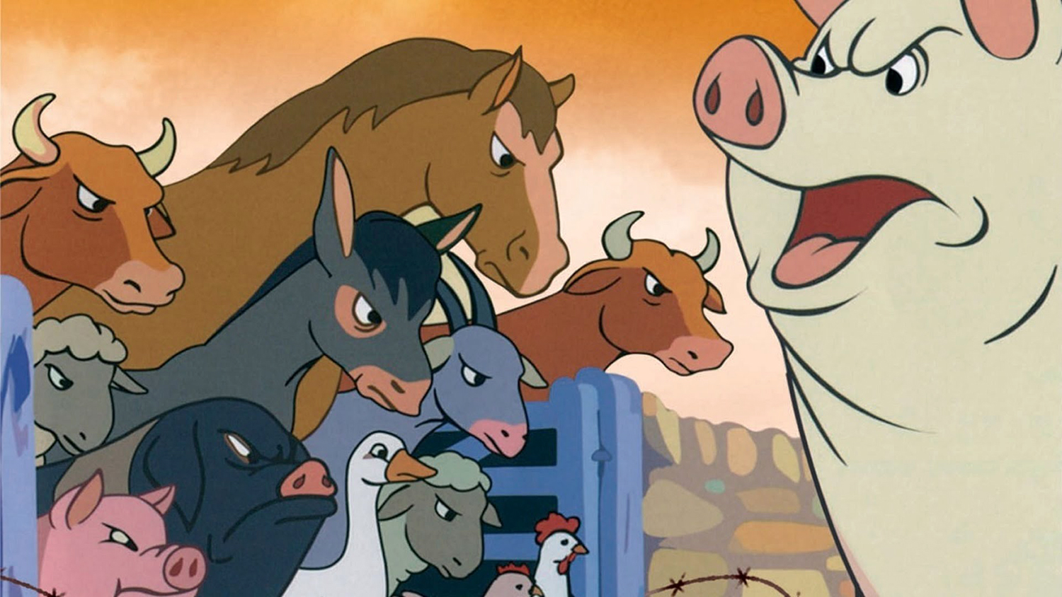Scéna z animované verze knihy Farma Zvířat, natočeno v roce 1954