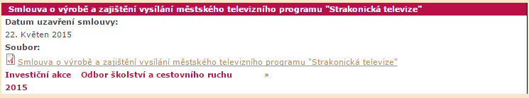 Smlouva mezi městem Strakonice a firmou Strakonická televize, s.r.o. z 22.5.2015 je dohledatelná na oficiálním webu města
