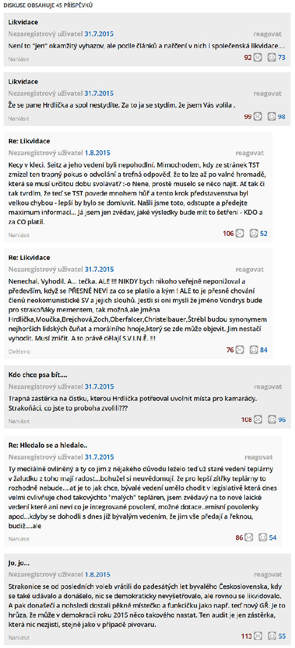 Příklad diskuzních příspěvků z webu strakonicky.denik.cz, 31.7.2015. Najdeme tam samozřejmě i ty s opačným názorem. Ovšem podobným, jako jsou zde uvedené, těm dal za pravdu čas.