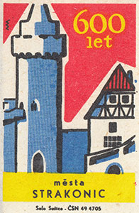 Vzpomínka na výročí 600 let Strakonic na sirkových nálepkách (rok 1967)