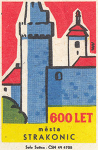 Vzpomínka na výročí 600 let Strakonic na sirkových nálepkách (rok 1967)