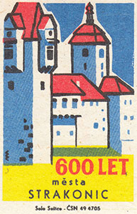 Vzpomínka na výročí 600 let Strakonic na sirkových nálepkách (rok 1967)