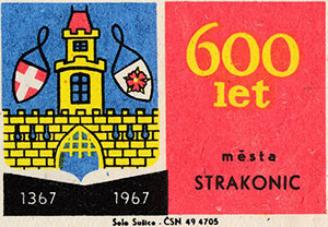 Vzpomínka na výročí 600 let Strakonic na sirkových nálepkách (rok 1967)