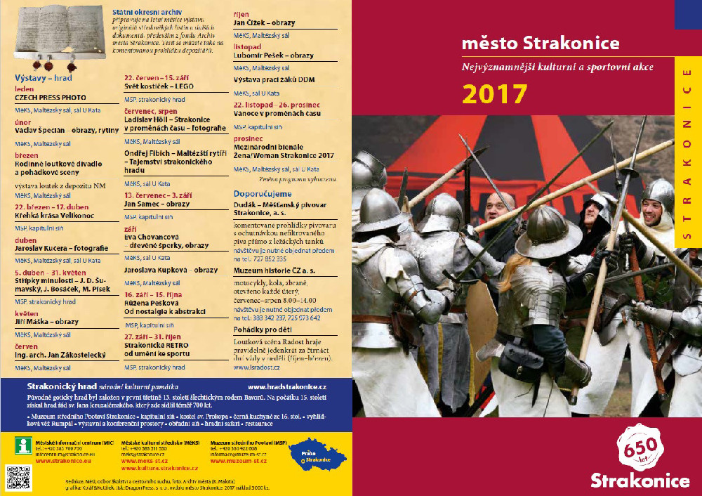 Přední strana letáku, informující o nejvýznamnějších kulturních a sportovních akcích pořádaných městem Strakonice v roce 2017, neobsahuje ani jednu akci k 650. výročí