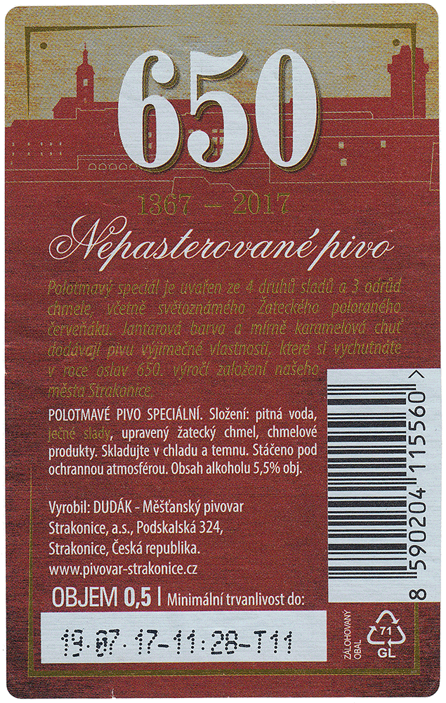 Zadní etiketa je obdélníková polotmavého speciálu uvařeného k výročí 650 let založení města