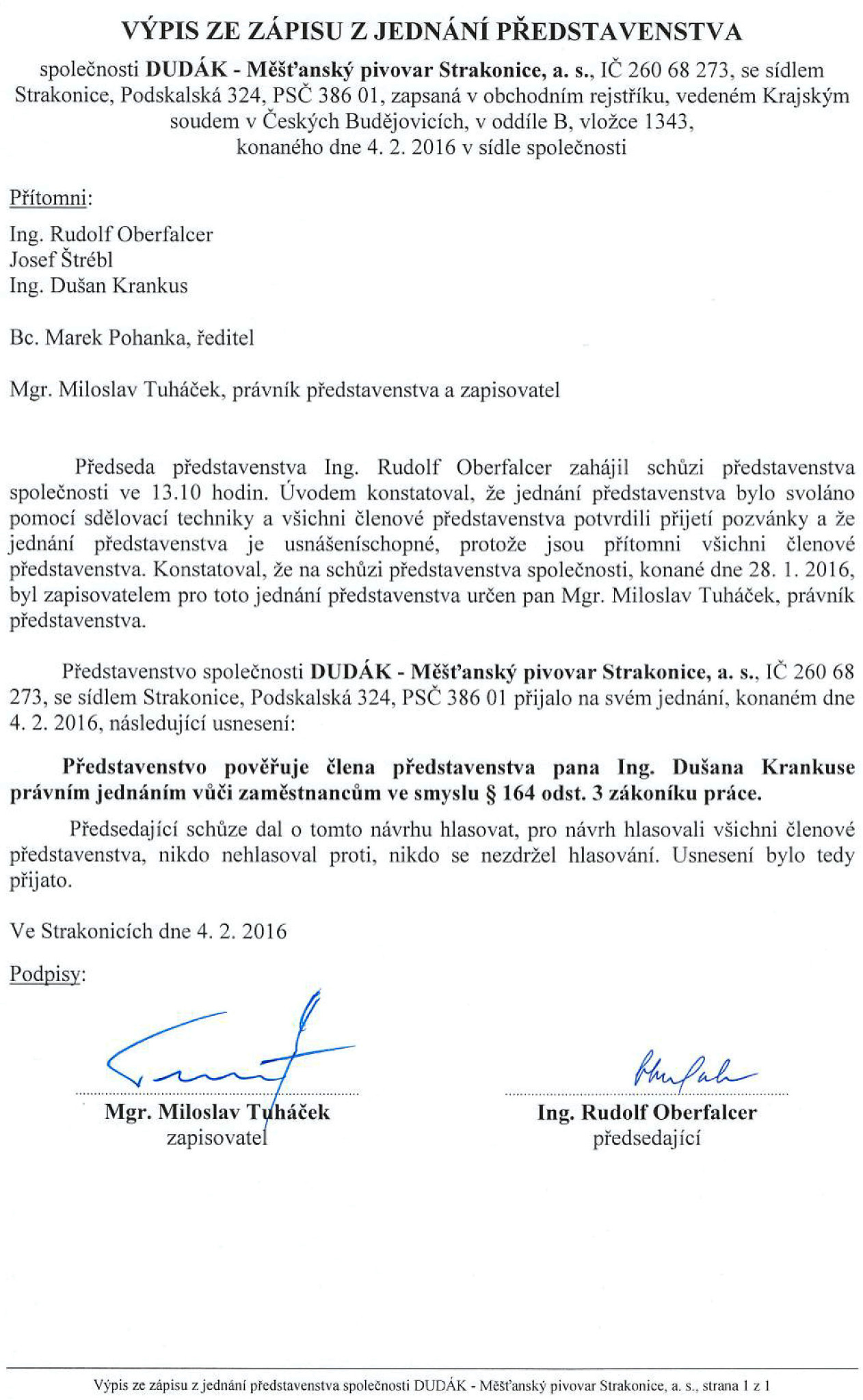 Výpis ze zápisu z jednání představenstva pivovaru ze 4.2.2016