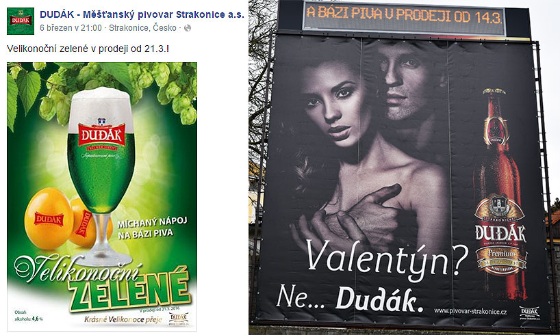 Facebook pivovaru láká na svůj „míchaný nápoj na bázi piva“ od 6.3.2016 s tím, že v prodeji bude od 21.3.2016 a světelná reklama u pivovaru zase informuje, že v prodeji bude od 14.3.2016 (foceno 13.3.2016)