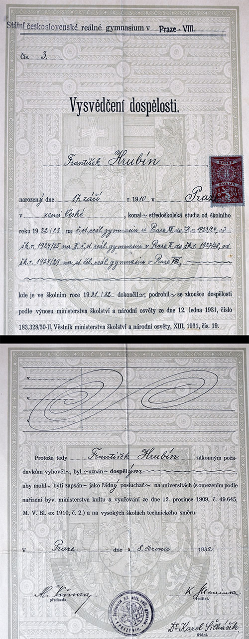 Maturitní vysvědčení (tehdy vysvědčení dospělosti) Františka Hrubína z reálného gymnázia v Praze z 8.6.1932