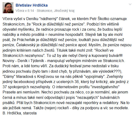 Příspěvek starosty Břetislava Hrdličky na facebooku Strakoňáci ze dne 6.12.2016