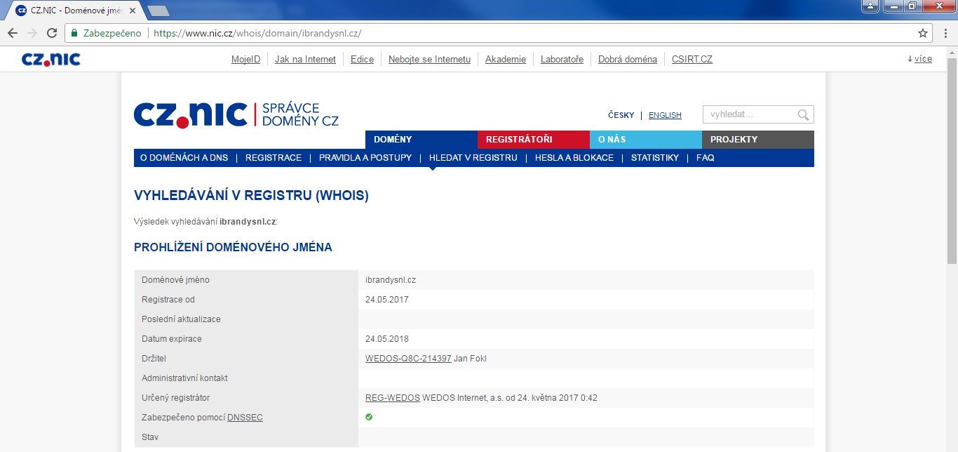 Údaje o registraci řešené domény na stránkách správce českých domén cz na webu nic.cz