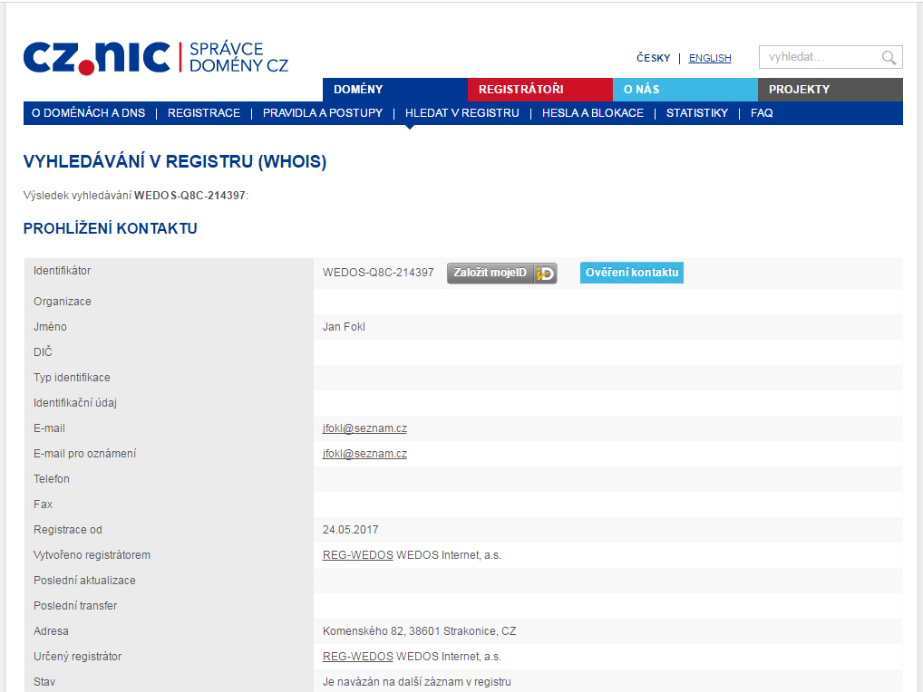 Údaje o pravděpodobně falešné identitě držitele řešené domény na webu nic.cz