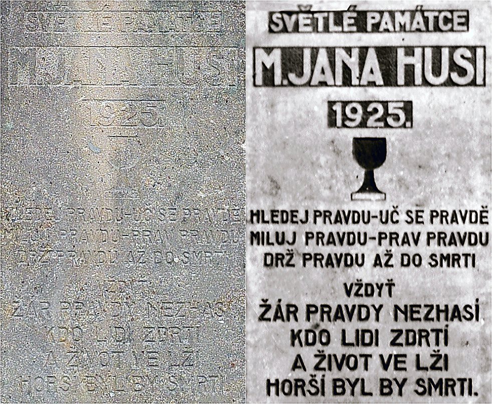 Počítačově zvýrazněný text na pomníku Jana Husa ve Strakonicích