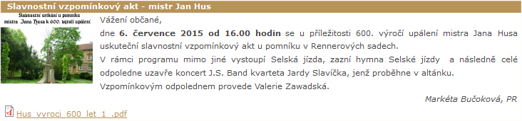 Informace o akci na webu města strakonice.eu se špatným jménem Valérie Zawadské