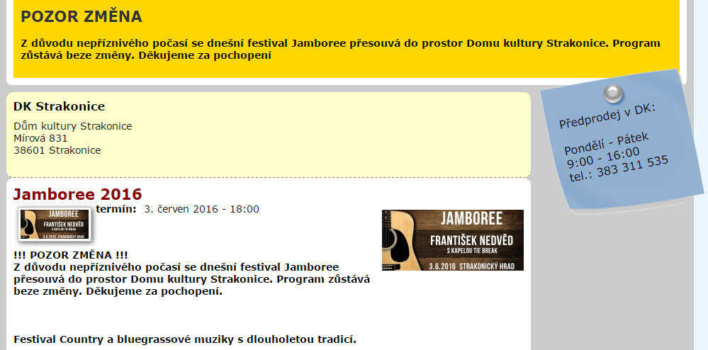 Oznámení na webu MěKS o přesunu Jamboree 2016 do MěKD