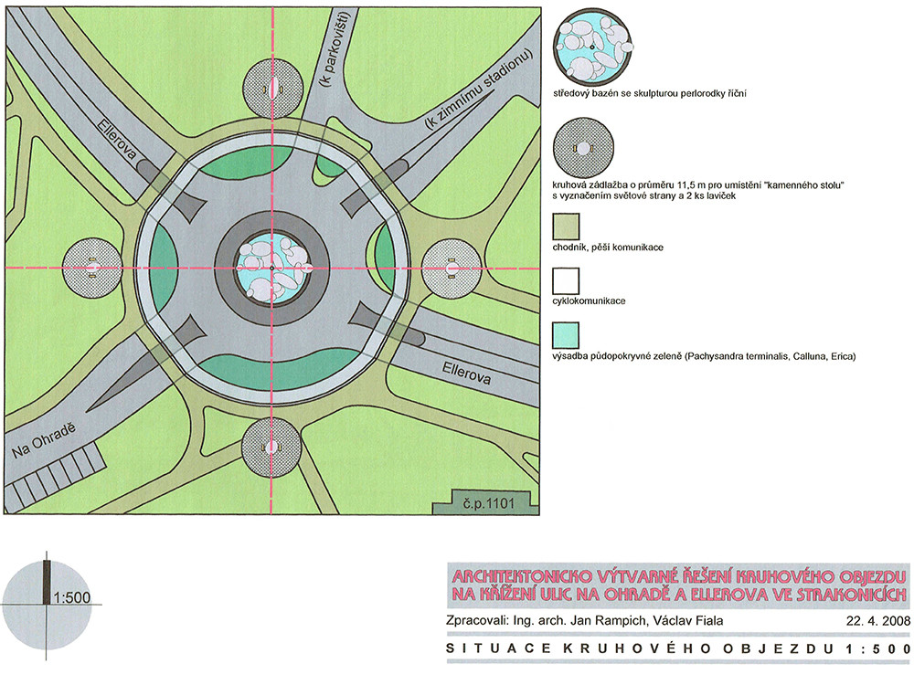 Nikdy nerealizované architektonicko výtvarné řešení okružní křižovatky v ulicích Na Ohradě a Ellerova ve Strakonicích – mapa řešení křižovatky