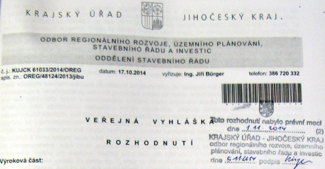 Záhlaví pravomocného územního rozhodnutí na rekonstrukci III. etapy Velkého náměstí ve Strakonicích – vydáno 17.10.2014, právní moc dne 1.11.2014