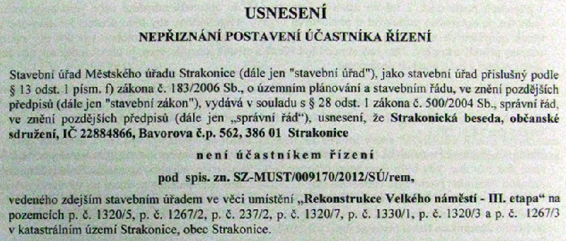 Občanské sdružení Strakonická beseda se prostřednictvím svého člena Jana Svobody pokusilo neúspěšně zasáhnout do rekonstrukce III. etapy Velkého náměstí – vyloučeno z projednávání bylo 22.3.2012
