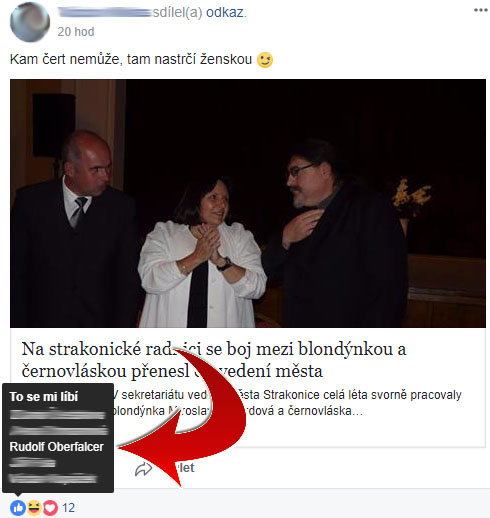 Oberfalcer sdílí příspěvek na facebooku