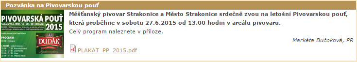Pozvánka na Pivovarskou pouť 2015 z webu města Strakonice