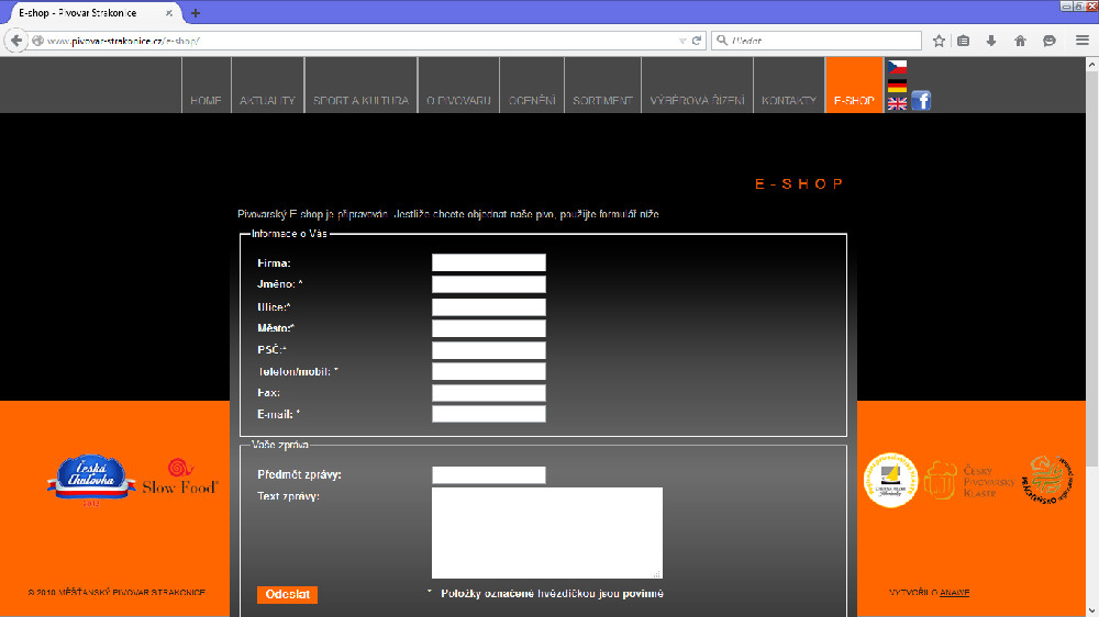 Web strakonického pivovaru – sekce e-shop