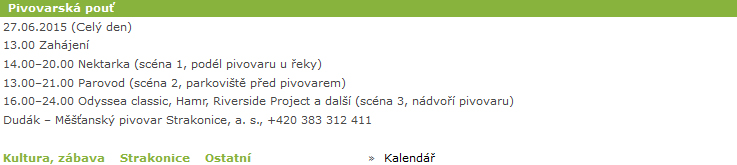 Program Pivovarské pouti 2015 ze stránek webu města Strakonice v textové podobě