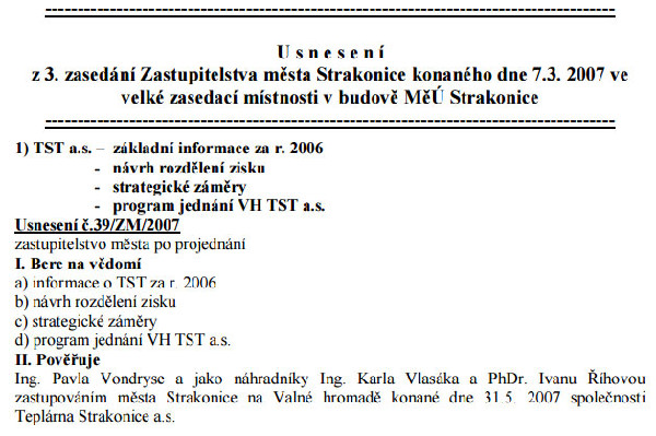 Výtah z usnesení 3. zasedání ZM Strakonice konaného dne 7. března 2007
