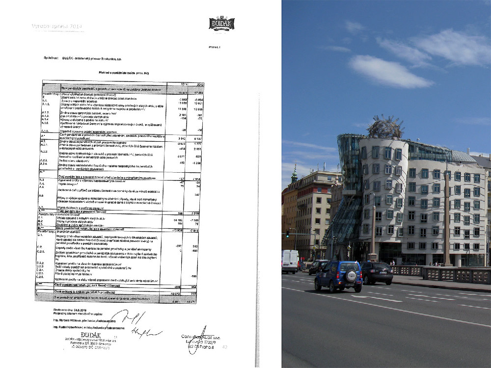 Jedna z mnoha křivě naskenovaných a špatně čitelných stran závěrečné zprávy strakonického pivovaru za rok 2014 připomínající Tančící dům v Praze