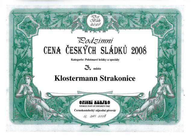 Podzimní cena českých sládků – 2008, 3. místo za pivo Klostermann