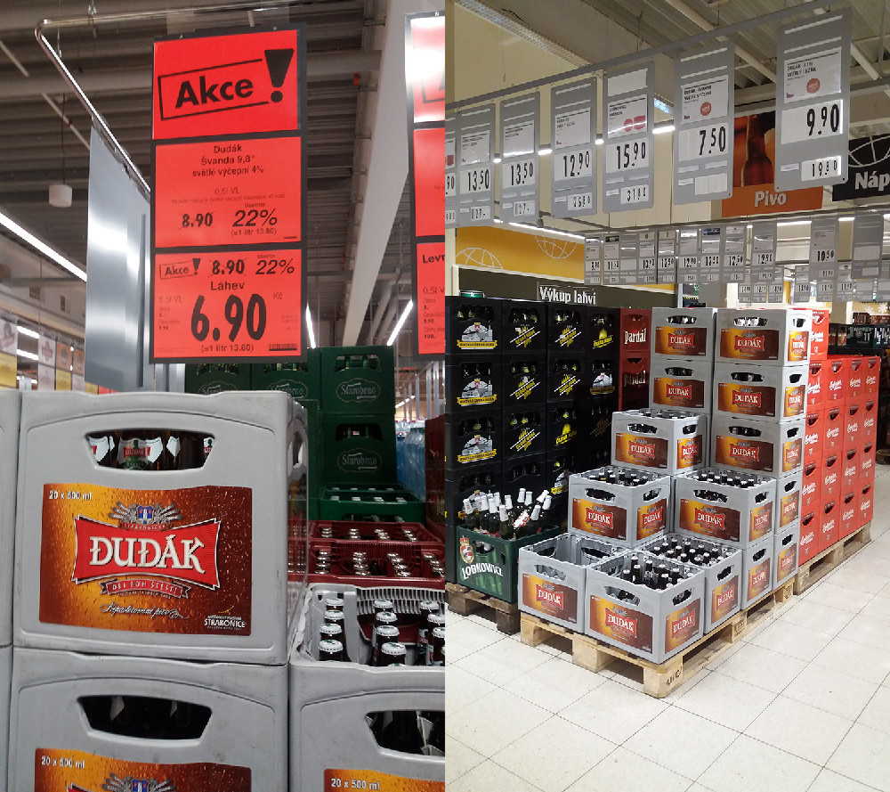 Strakonické pivo v obchodních řetězcích Kaufland (vlevo) a Globus (vpravo)