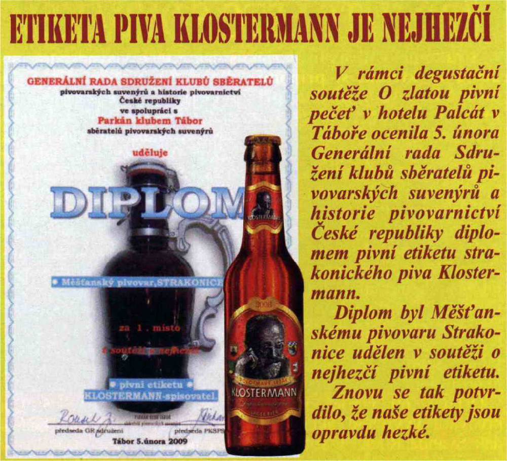 Etiketa piva Klostermann je nejhezčí – ocenění Generální rady Sdružení klubů Sběratelů pivovarských suvenýrů a historie pivovarnictví České republiky