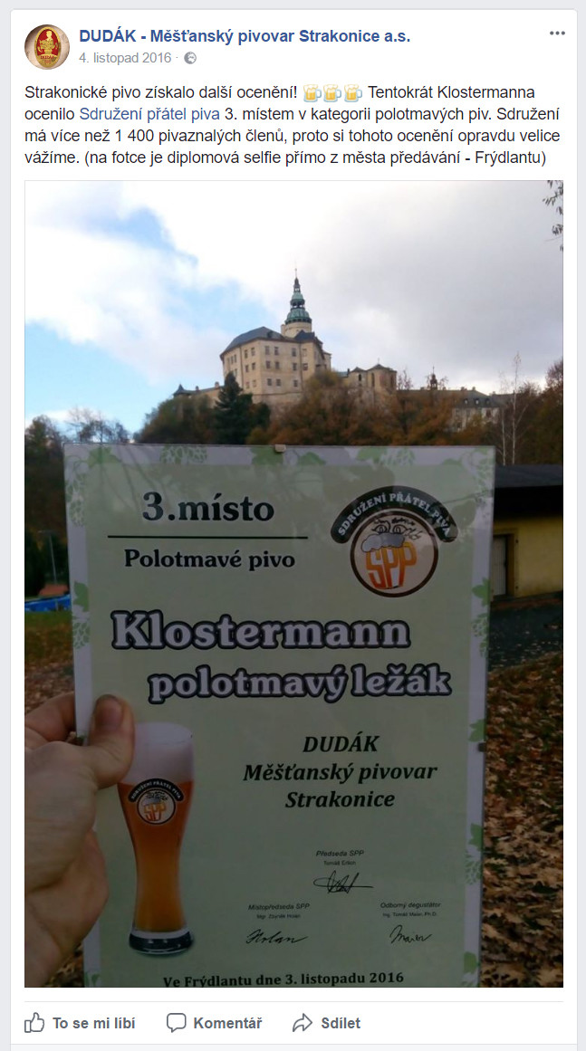 Facebook strakonického pivovaru oznamující, jak je nádherné vyhrát – o skutečných autorech piva se ale psát nesmí – 4.11.2016