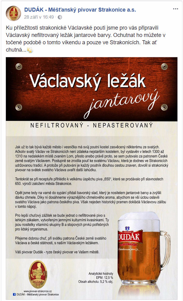 Jedna z mála reklam na speciální pouťové pivo – facebook strakonického pivovaru