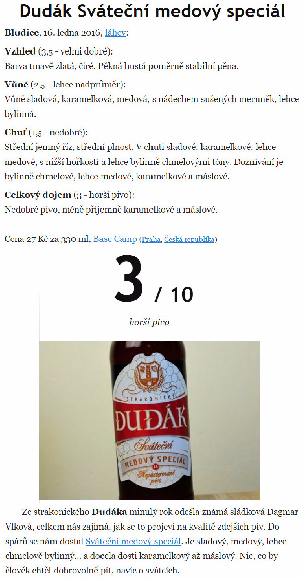 Hodnocení piva Dudák Sváteční medový speciál autora sládka Dušana Krankuse na specializovaném pivním webu pivnici.cz