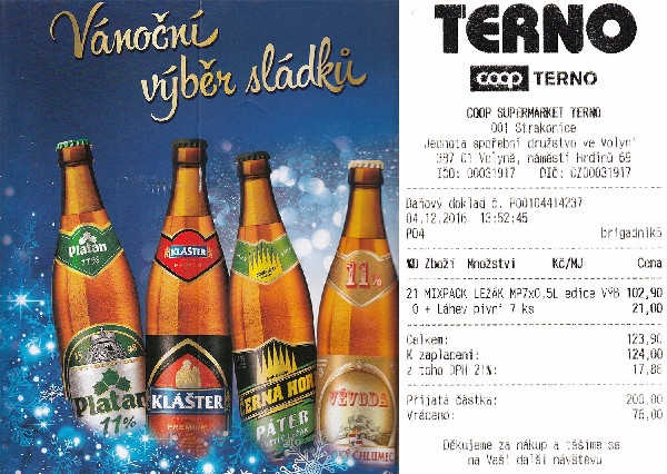 Zakoupené Vánoční balení – Platan 11 %, Ježek 11 %, Páter 11 %, Kounic 11 %, Rychtář Premium, Klášter Premium a Vévoda 11 %. Všechna tato piva patří do pivovarské skupiny Pivovary Lobkowicz a.s. Ve Strakonicích zakoupit dárkové balení místního pivovaru možné nebylo.