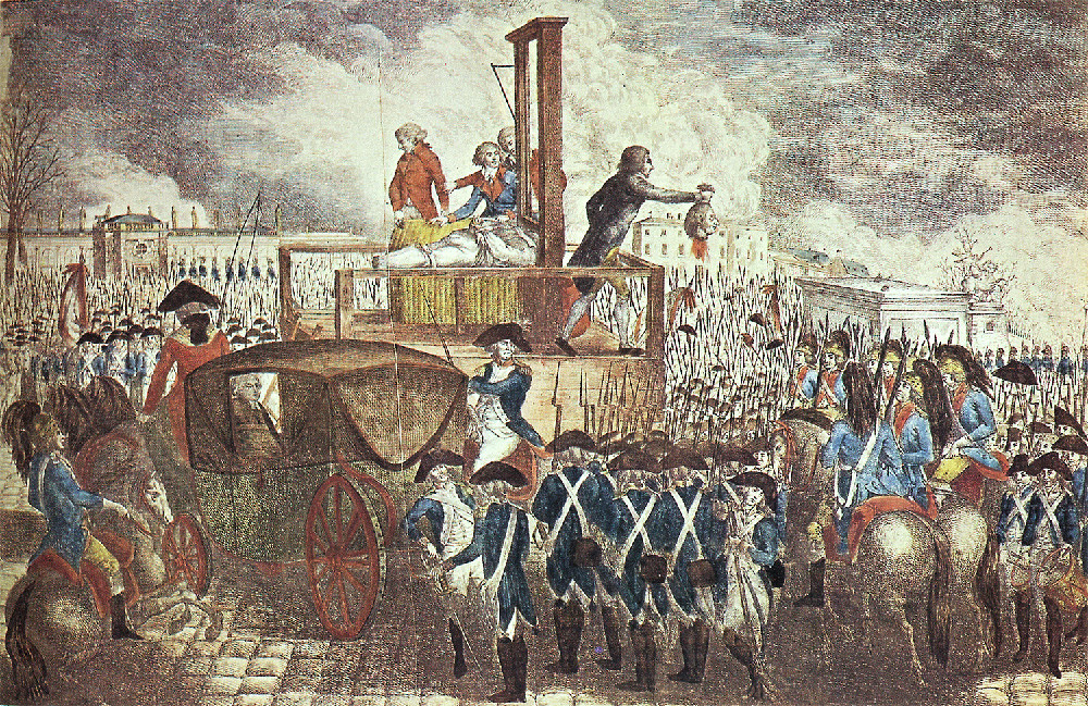 Kat ukazuje davu setnutou hlavu krále Ludvíka XVI. na Náměstí Revoluce v Paříži