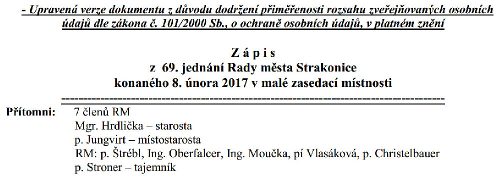 Záhlaví zápisu z 69. jednání Rady města Strakonice ze dne 8.2.2017 dokládající, že jeho účastníkem byl i tajemník Vladimír Stroner – ze zápisu ale již nevyplývá, že v bodě týkajícího se tajemníka, ten již na jednání přítomen nebyl