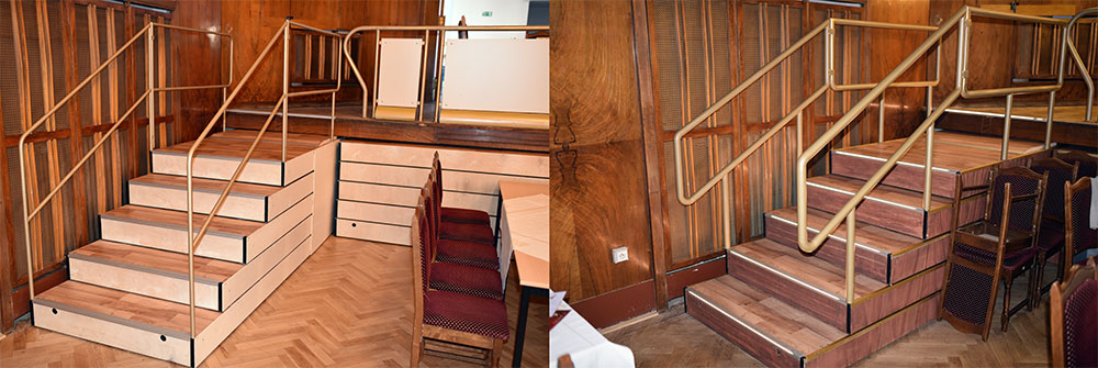 Foto 10: Vlevo původní „Christelbauerovo“ nevhodné zábradlí, vpravo již vyměněné s dírami na schodech po uřezaných ocelových profilech