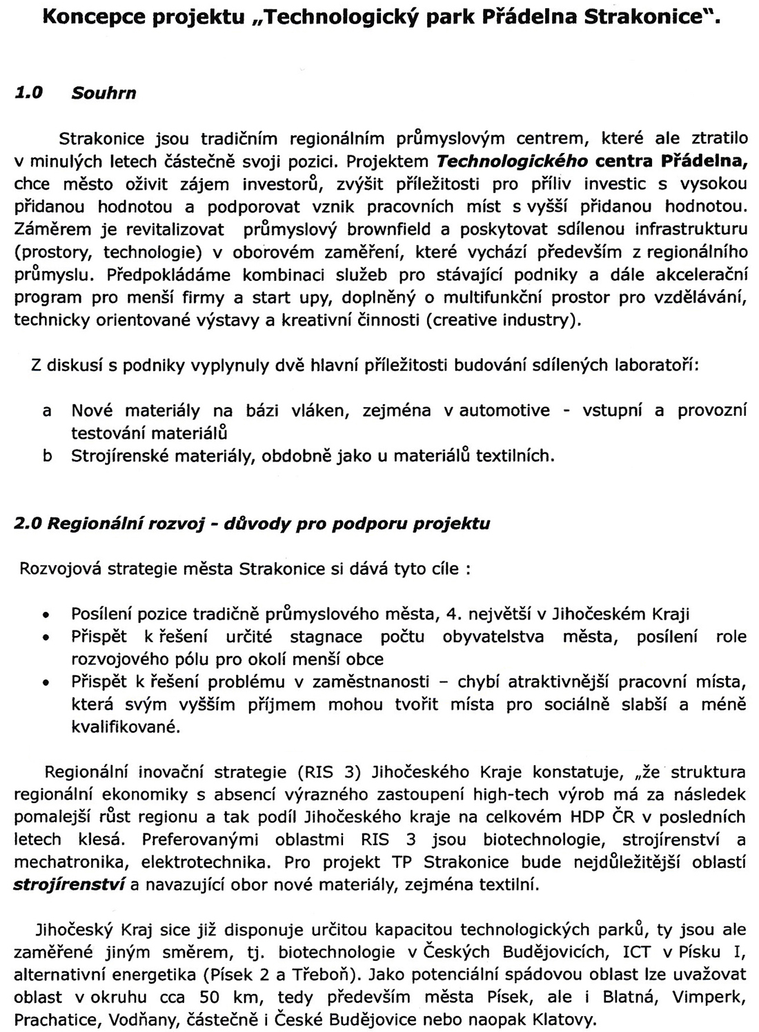 První strana „Koncepce projektu „Technologický park Přádelna Strakonice““ pro 13. zastupitelstvo konané dne 14.9.2016