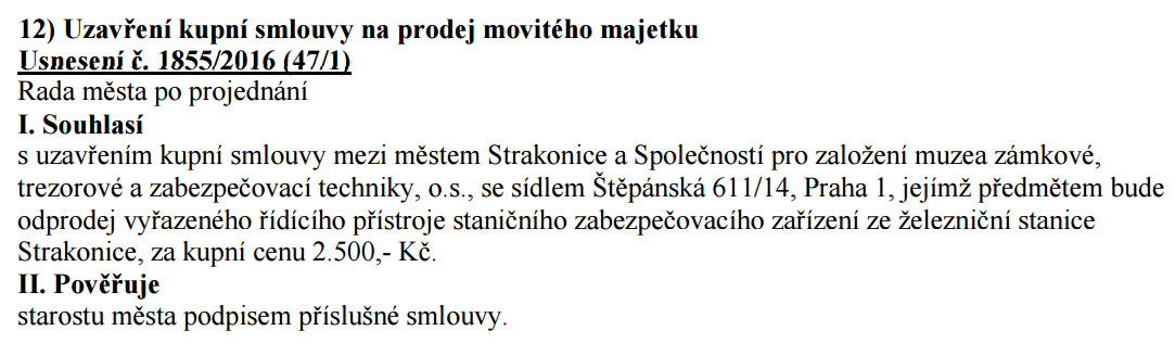 Usnesení rady města o prodeji zabezpečovacího zařízení ze strakonické železniční stanice