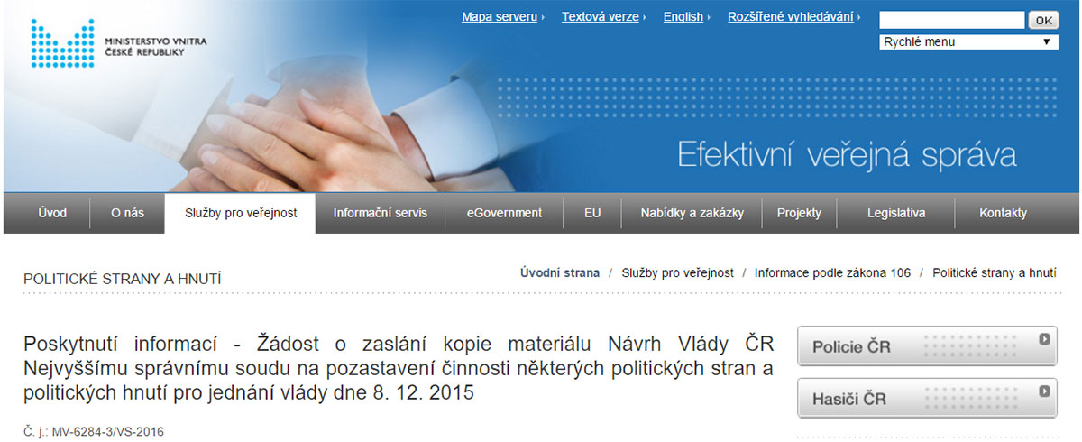 Zdroj dokumentů, které tvořily podklad pro jednání vlády ve věci pozastavení činnosti Strakonické Veřejnosti