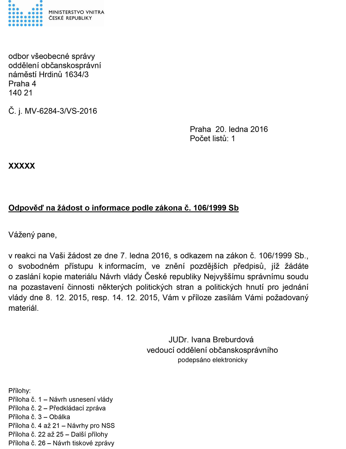 Vyjádření Ministerstva vnitra ČR k žádosti o poskytnutí informací z 20.1.2016