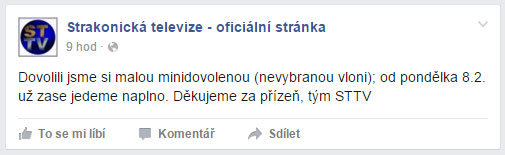 Sdělení Strakonické televizi o tom, že z důvodu dovolené nebude zveřejněno vysílání v 5. týdnu 2016