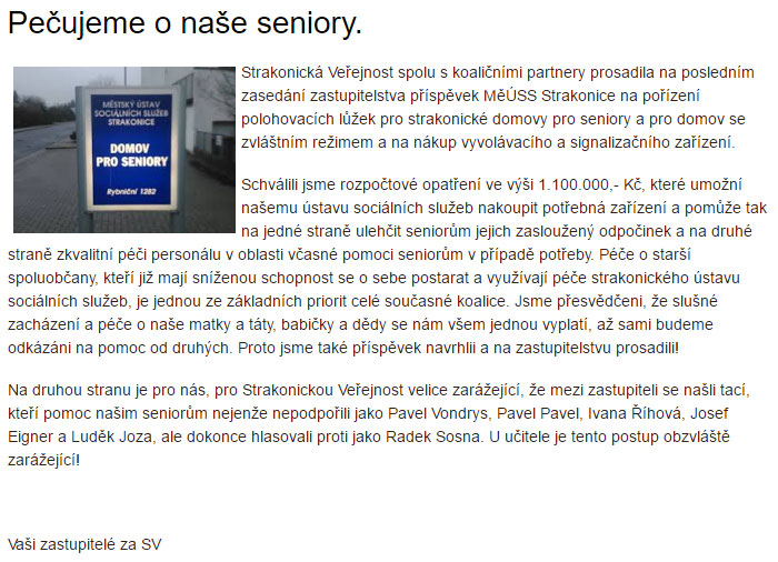 Péče o seniory v podání vládnoucí Strakonické Veřejnosti