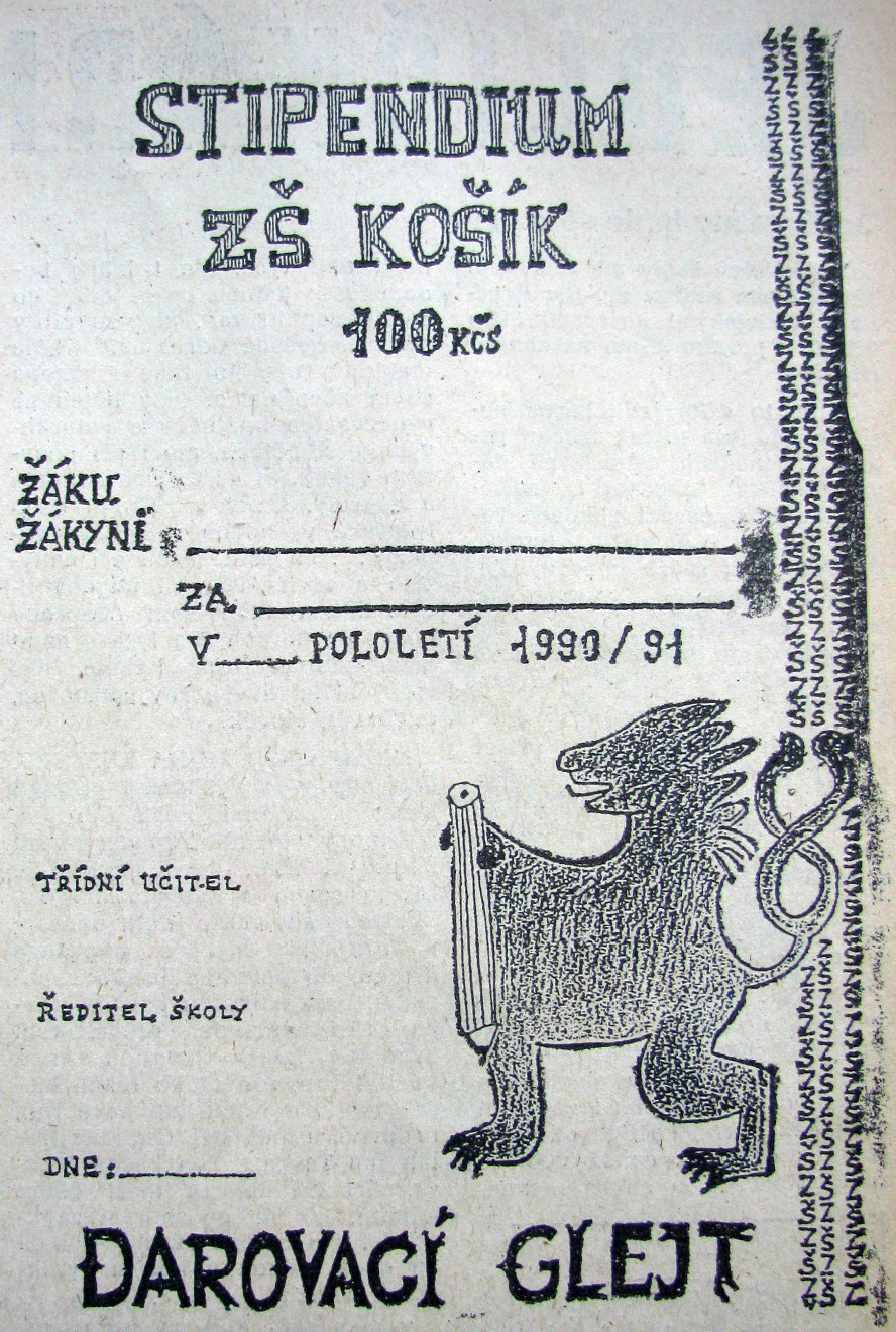 Darovací glejt původních žákovských stipendií ze školního roku 1990/1991 na Základní škole Košík v Praze