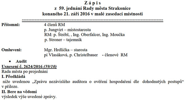 V září 2016 rada města vzala na vědomí výsledek nějaké záhadné zprávy. Problémem je, že Strakonická Veřejnost ovládající radu města nezveřejnila, o jakou zprávu auditora se jednalo. Jaký auditor audit prováděl? V jaké příspěvkové organizaci nebo městem ovládané společnosti byl audit proveden? Strakonická Veřejnost se svými kolaboranty bude mít rozhodně co vysvětlovat.