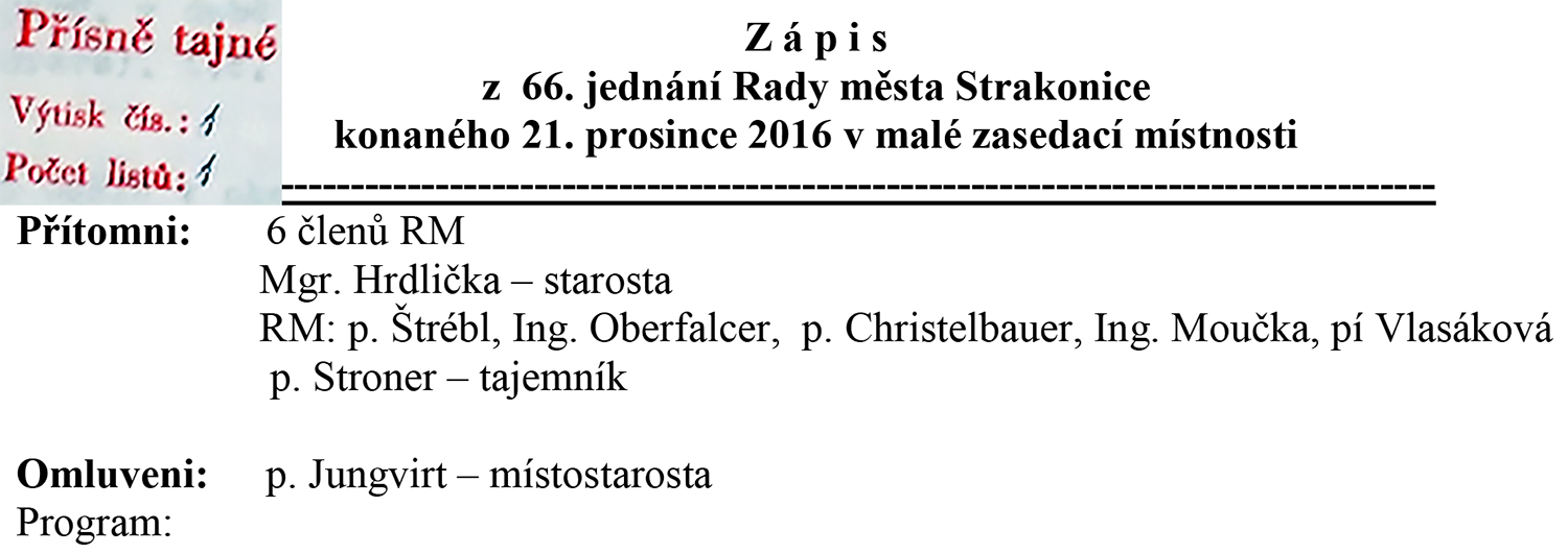 Koláž označení „Přísně tajné“ ze svazků bývalé StB se zápisem z 66. jednání rady města Strakonice se k sobě hodí a jsou realitou dnešních Strakonic