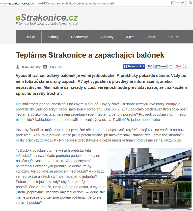 Článek byl rovněž zveřejněn 1.8.2015 na webu estrakonice.cz, kde měl 6 100 zhlédnutí (článek zvětšíte v novém okně kliknutím na jeho příslušnou část).