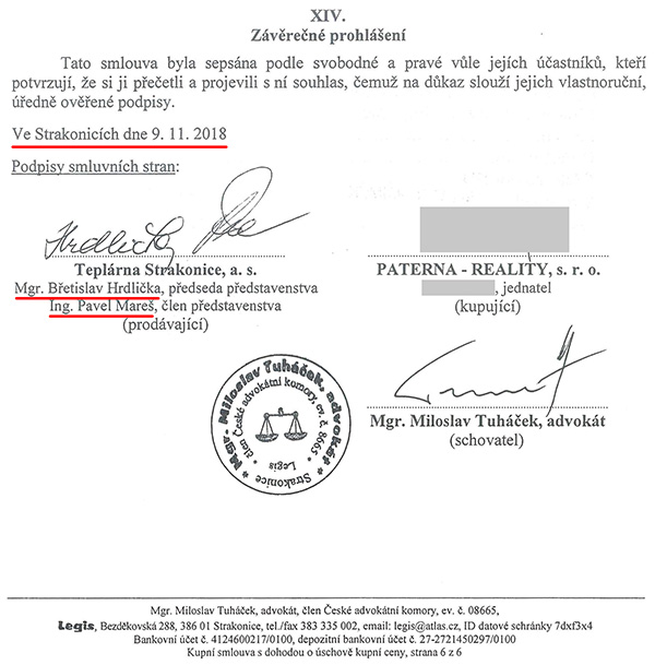 Závěr kupní smlouvy uzavřené 9.11.2018, kdy Teplárna Strakonice, a.s. prodává rekreační středisko na Kvildě realitní kanceláři PATERNA - REALITY, s.r.o.